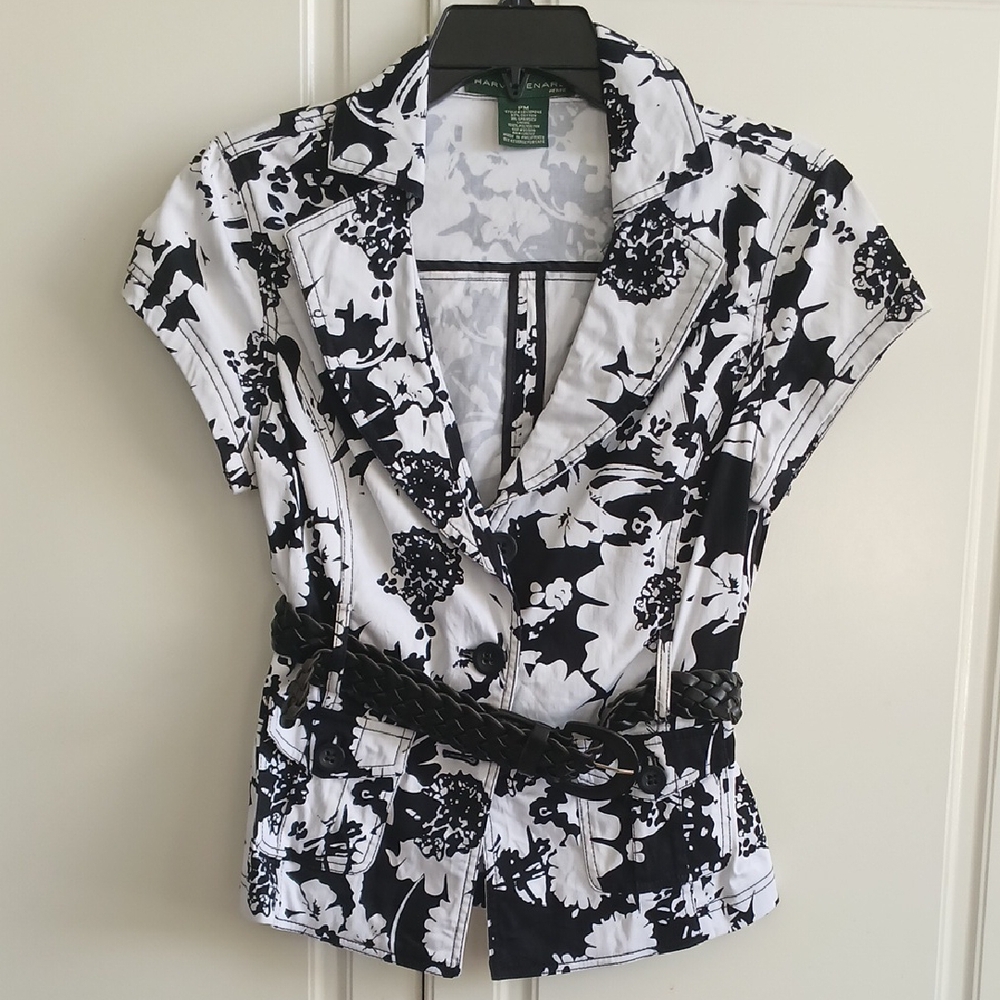 Harve Benard Black and White Wrap Blouse with Cap Sleeves